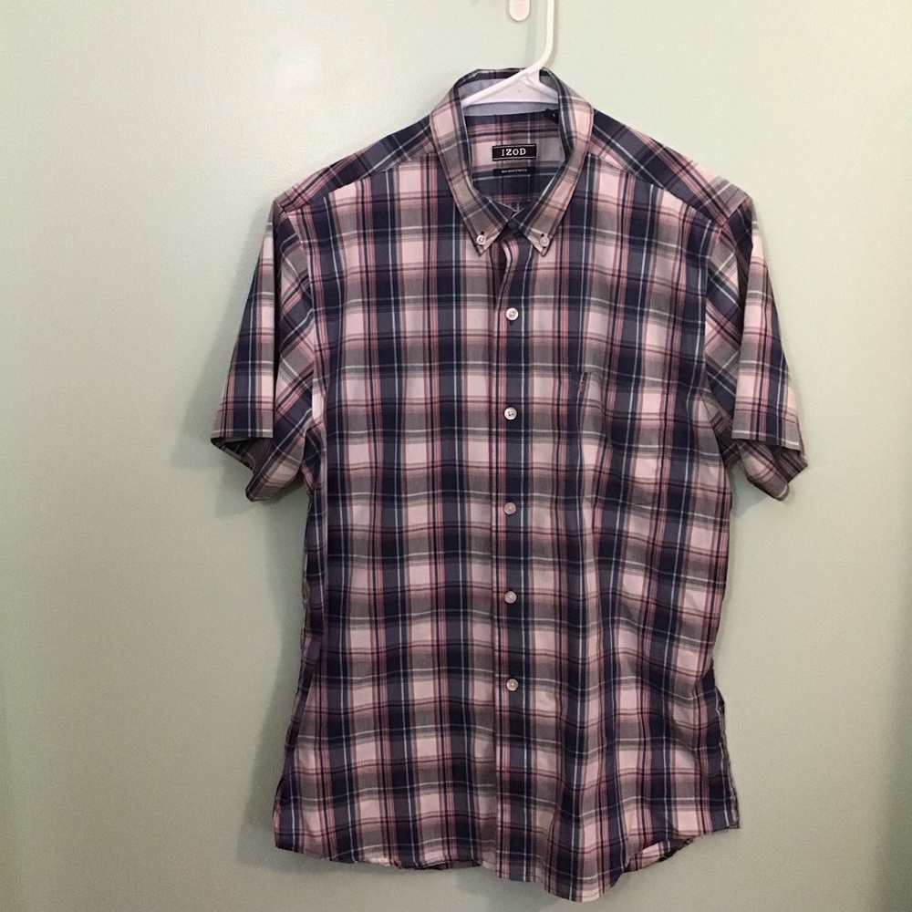 Izod Plaid Short-Sleeve Button-Down Shirt in Blue and Pink